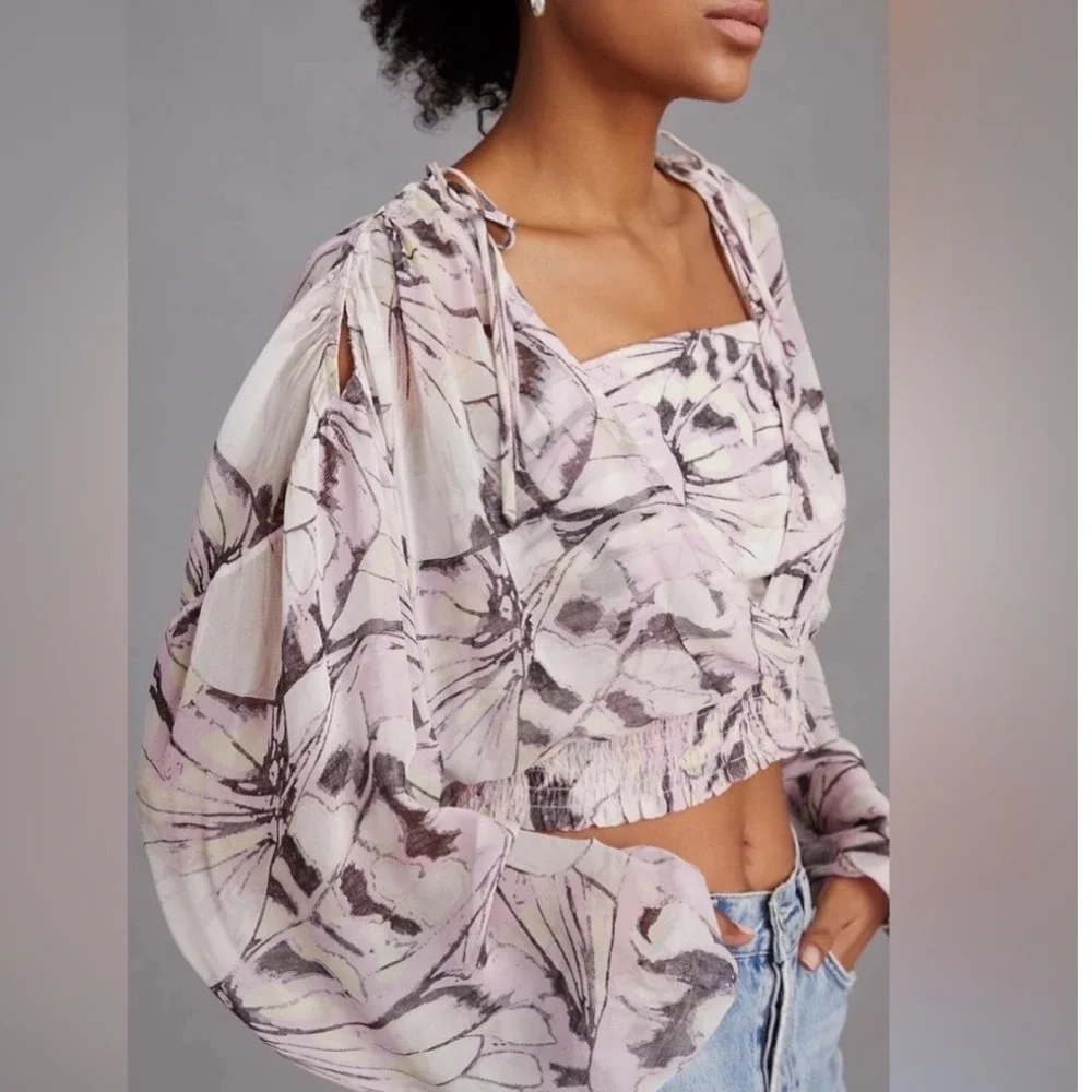 Anthropologie Sheer Cropped Puff Sleeve Abstract Print Top S‎